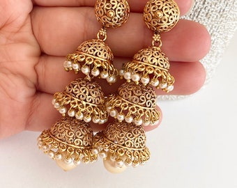 Triple jhumkis/Jhumka Earrings / Gold Jhumkas /Chandelier earrings/ South Indian earrings/ Indian Earrings/Indian wedding Jewelry