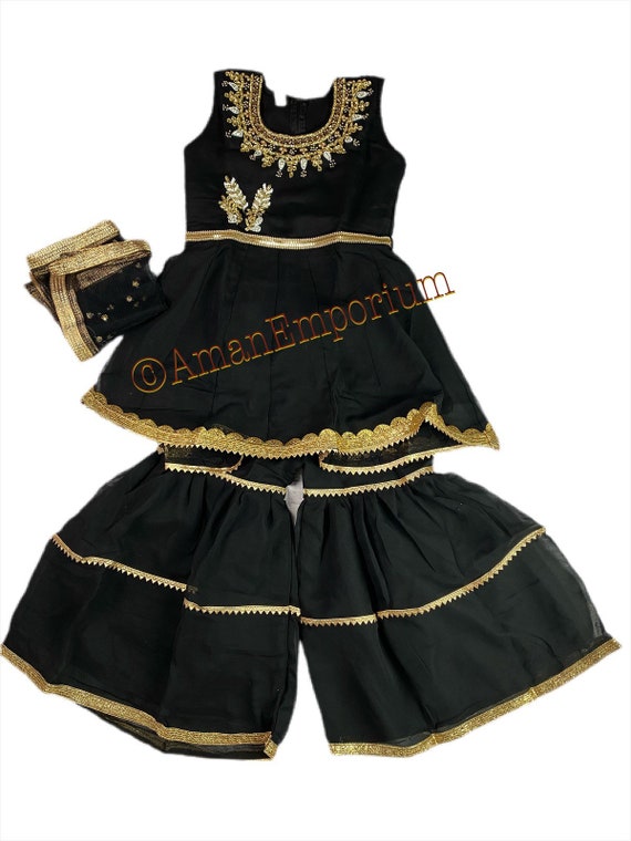 Black Sharara Suit Indian Kids Dress girls Ethnic Wear pakistani