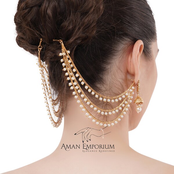 Antique Gold Jhumka Ear double Chain/Bahubali Eaarrings/ Indian Earrings/ Pakistani Jewelry/ Bollywood Jewelry/ Sahare/ Indian Jewelry