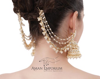 Bahubali Kundan & Pearl Jhumki Jhumka avec chaîne d'oreilles Sahare / Boucles d'oreilles indiennes / Bijoux de mariage indien / Kundan Jhumka / Déclaration Jhumka