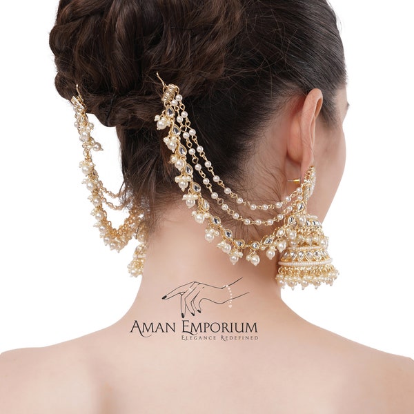Bahubali Kundan & Pearl Jhumki Jhumka With Earchain Sahare /Indian Earrings/ Indian Wedding Jewelry / Kundan Jhumka / statement Jhumka