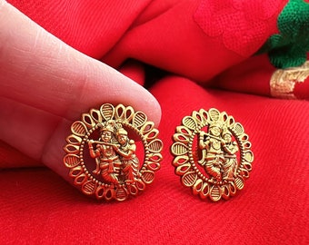 Antique Radha krishna Gold finish stud earrings./Temple  Earrings/Stud Earrings/ Indian earrings/1 gram Gold Studs