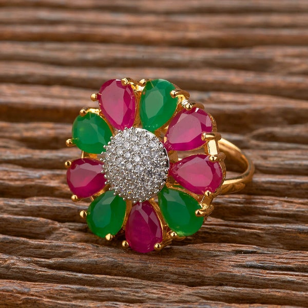 Adjustable  Kundan Ring/ Ruby Green Indian Finger Ring/ Indian Ring/ Indian jewelry / Cubic Zirconia Adjustable Ring With 2 Tone Plating