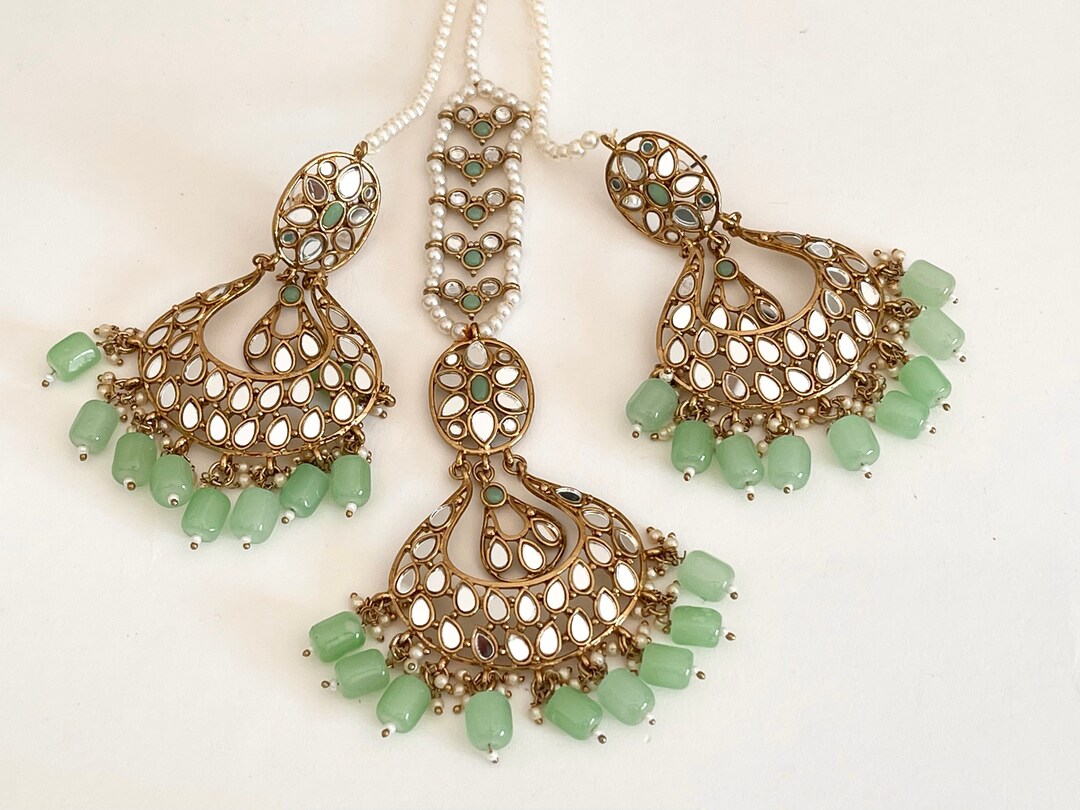 Mint Green Mirror Tikka and Earrings Set /pearl Mang Tikka Etsy