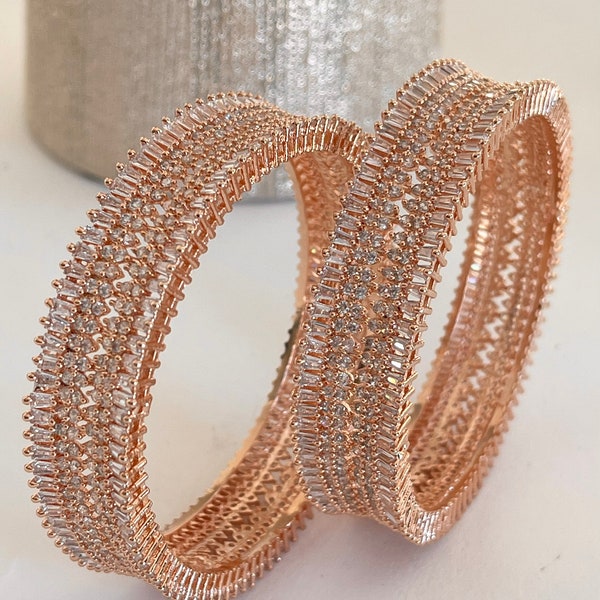 Rose Gold Plated American diamond Bangle Pair | CZ wide kada bangles/CZ Rose Gold Bangle Set/ bridal jewelry/CZ stone bangles/Indian wedding