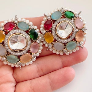 Navratna Uncut Kundan Stud Diamond Earrings /Indian Studs/Indian Jewelry/Navratan Studs/Statement Stud Earring/Kundan Stud Earrings