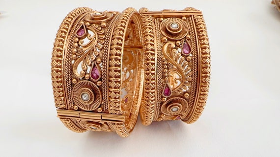 Broad Rajwadi Kada Pachali Bangles Meenakari Openable Kundan