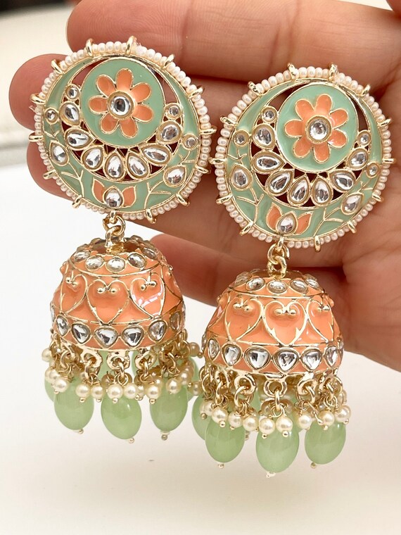 Mint Green Jhumkas Indian Earrings meenakari Kundan Earrings