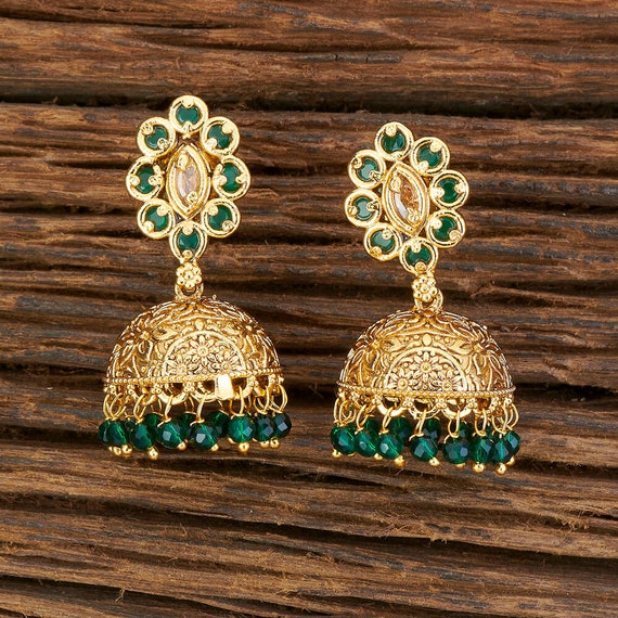 Buy Green Kundan Golden Chandbaali Jhumki Earrings With Pearls Online at  Ajnaa Jewels | LE380