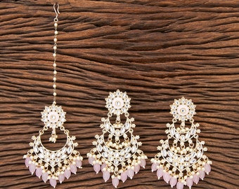 Kundan Tikka w/ Earring Set /Wedding Mang tikka set/Pink tikka set/indian jewelry/Bridal Maang Yellow Tikka /Bridesmaid Gift