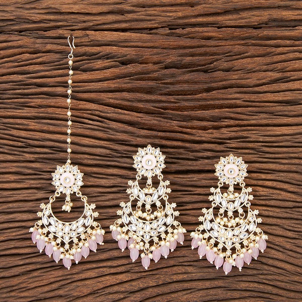 Kundan Tikka w/ Earring Set /Wedding Mang tikka set/Pink tikka set/indian jewelry/Bridal Maang Yellow Tikka /Bridesmaid Gift