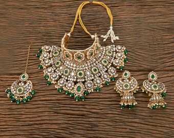 Green Mukut Bridal Reception heavy look  Necklace/ Kundan choker/Indian Necklace/ Green Choker/Green Necklace long jhumka and Tikka set