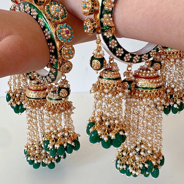 Rajwadi Kada with Kalira jhumka / Pachali bangles /Punjabi Kaleera bangles /Indian Wedding jewelry/Kundan bridal bangles set/Kada bangles/