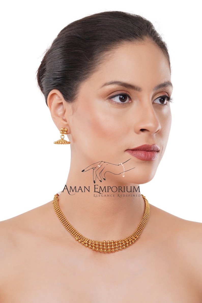 Petite Gold Necklace/ Girls small jhumki Necklace set / Matte Gold Choker Necklace/ Indian Necklace/Temple Necklace/ Indian Jewelry/ image 2