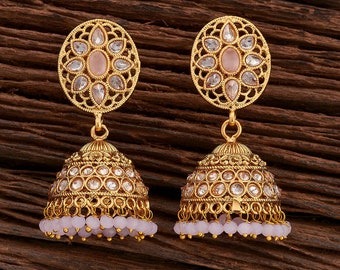 Gold plated Pink Polki kundan Jhumka/stone Jhumka/Indian Jewelry/Statement earring/Bridal earring/Indian wedding/Punjabi Pakistani Jewelry