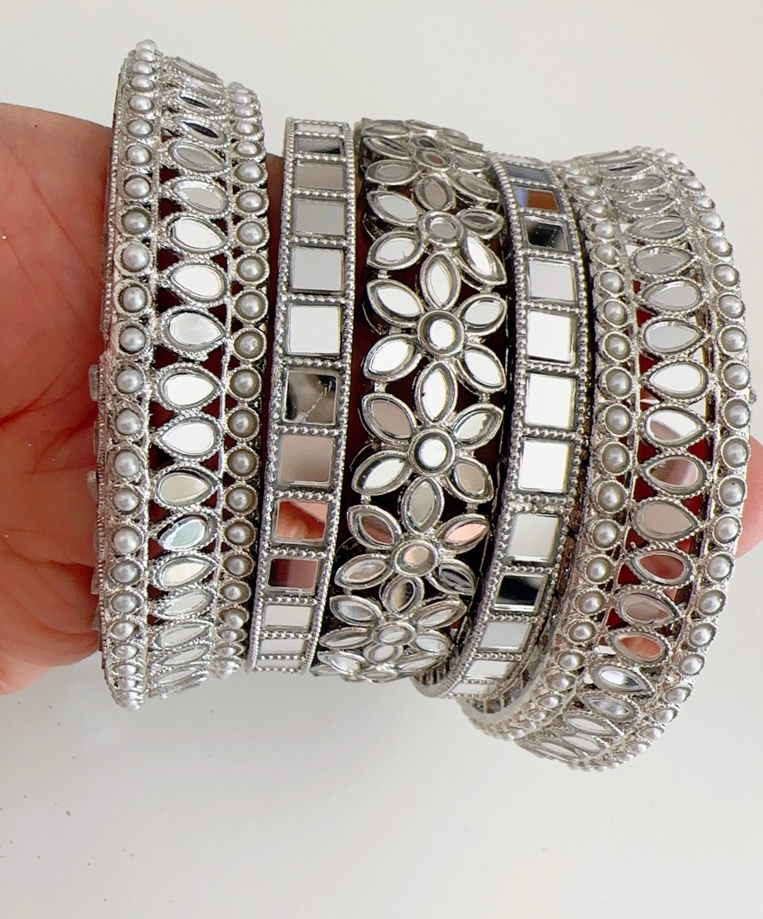 Silver Mirror Bangles Set/punjabi Mirror Chuda Bangles Set/kangans