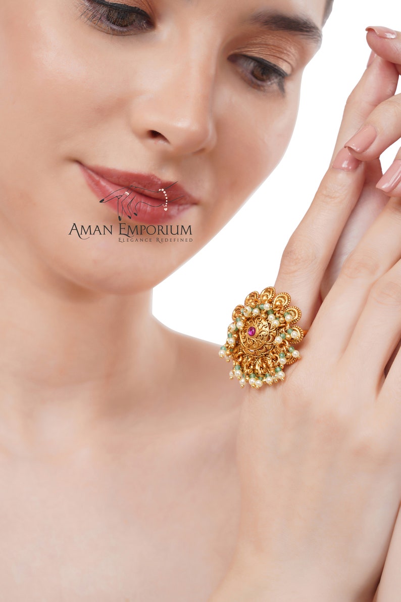 Ruby Green Gold Designer statementRing /Polki Ring / Indian Gold Finger Rin / Wedding Ring / Indian Gold Ring /Indian jewelry/ image 1