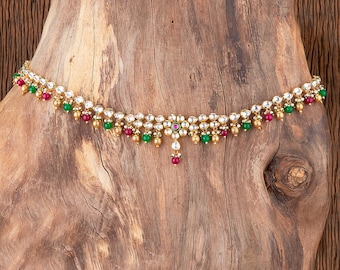 Kundan Belly Chain Ceinture de taille/Chaîne de ventre indienne/Chaîne de ventre vert rubis/ Pearl Kamarbandh/Vaddanam/Kamarpatta/Bijoux rubis de l'Inde du Sud/