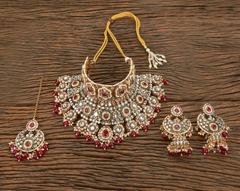 Maroon Mukut Bridal Reception heavy look  Necklace/ Kundan choker/Indian Necklace/Maroon Choker/Burgundy Necklace long jhumka and Tikka set