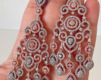 Rose Gold Diamond Earrings / Long CZ Diamond Dangle Earrings CZ Earrings/Indian Earring / Indian Jewelry/ Pakistani Jewelry/CZ Earrings
