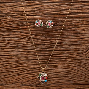 American Diamond Navratan Pendant Set/Cubic Zirconia Classic Pendant Set With 2 Tone Plating / Navratan  Jewelery Set/Indian Gold necklace