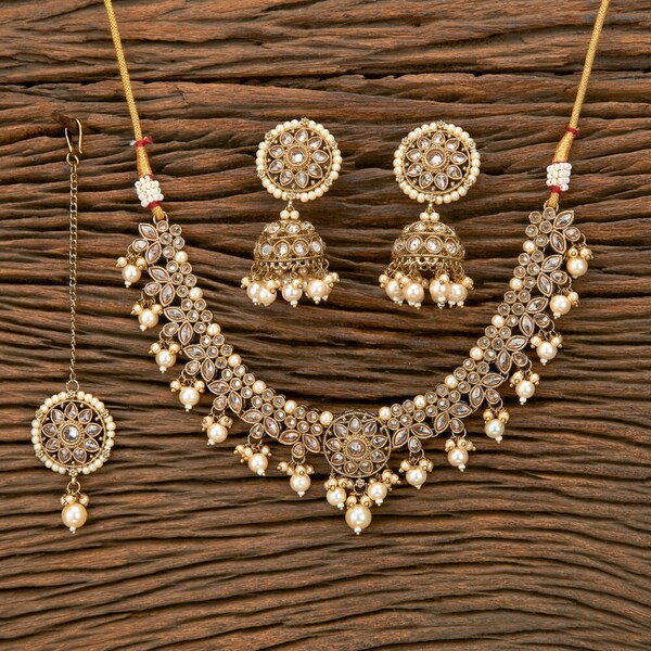 Kundan Necklace set/ Antique dull Gold necklace/Kundan Jhumka / kundan necklace Tikka Set / Bridal necklace set/ Indian jewelry