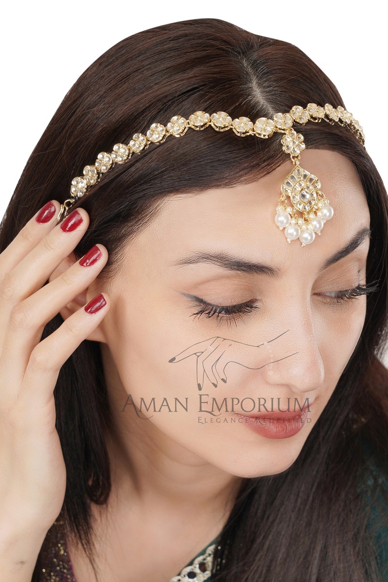 Damini / Kundan Pearl Sheesh Phool Tikka /matte gold Kundan Head Band/Bridal Matha Patti /Indian Bridal Jewelry/ Mathapatti Headpiece image 2