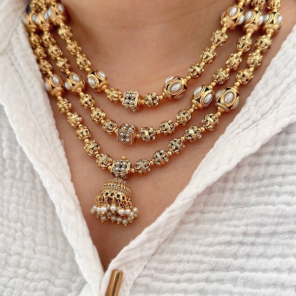 3 Layer Indian necklace look like real gold /Gold Necklace /Matar Mala/Long Gold necklace/Indian jewelry/Pakistani jewelry/Beaded Chain