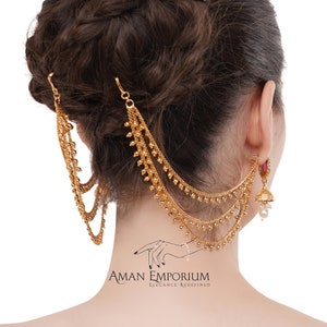 Chaîne Jhumka d'oreille Bahubali/Bague d'oreille chaîne/Chaîne Kaan en or/Boucles d'oreilles Sahare/Bahubali/Sahares Kaan/Chaîne de soutien d'oreille/Bijoux indiens