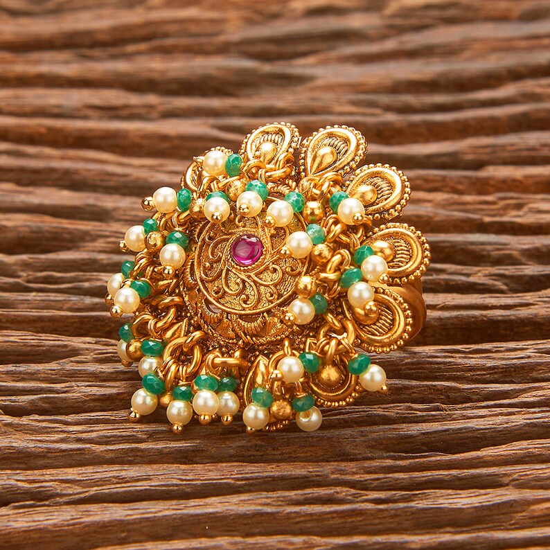 Ruby Green Gold Designer statementRing /Polki Ring / Indian Gold Finger Rin / Wedding Ring / Indian Gold Ring /Indian jewelry/ image 2