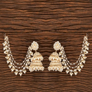 Bahubali Kundan & Pearl Jhumki Jhumka With Earchain Sahare /Indian Earrings/ Indian Wedding Jewelry / Kundan Jhumka / statement Jhumka