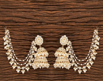 Bahubali Kundan & Pearl Jhumki Jhumka met oorketting Sahare /Indiase oorbellen / Indiase bruiloft sieraden / Kundan Jhumka / statement Jhumka