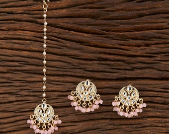 Ensemble Kundan Maangtikka rose clair/Ensemble de petites boucles d'oreilles tikka/Ensemble kundan tikka/Boucles d'oreilles tikka pour filles/Bijoux de performance de danse pour filles