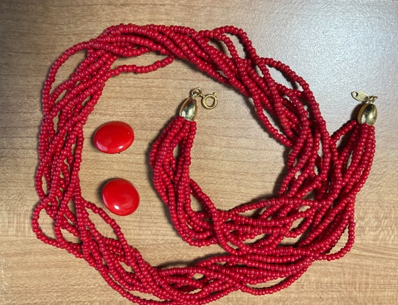 Red Trifari 8 strand necklace plus earrings - image 3