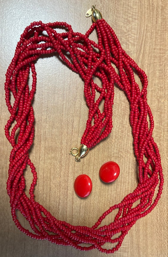 Red Trifari 8 strand necklace plus earrings - image 1