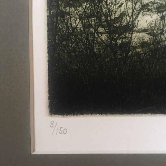 Download Original hand-colored etching by Jo Barry English artist snowy winter scene trees on the ridge ...