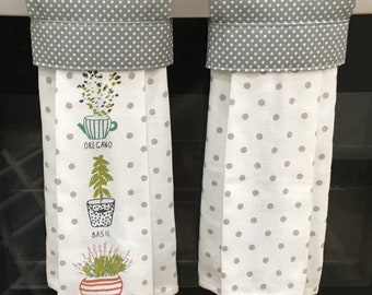 Hanging Kitchen Towel Set - Tea Towel - Oregano - Basil - Lavender - Herbs - Gray