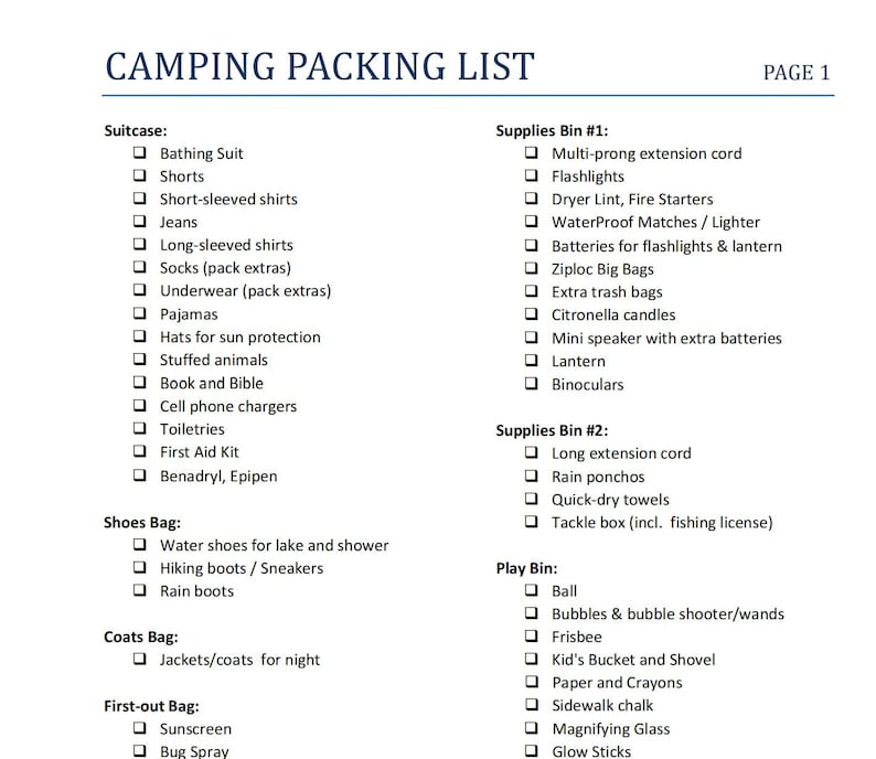 Camping Packing Checklist Etsy