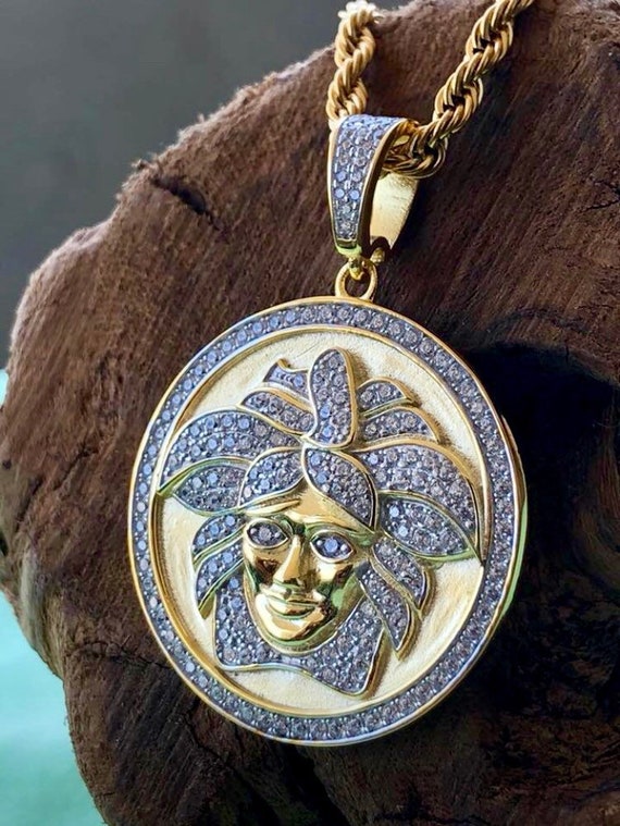 925 Sterling Silver Iced Out Versace Medusa 14k Gold Finish Pendant With 24 Inches Rope Chain - Versace Circle Medusa Pendant Necklace 925 Sterling Silver Iced Out Versace Medusa 14k Gold Finish Pendant With 24 Inches Rope Chain - Versace Circle Medusa Pendant Necklace