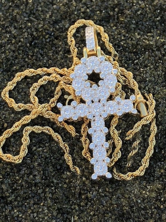 925 Italy Silver Ankh Egyptian Cross Pendant Iced Out 4ct - 18k Gold Cross Pendant Made In Italy 925 Italy Silver Ankh Egyptian Cross Pendant Iced Out 4ct - 18k Gold Cross Pendant Made In Italy