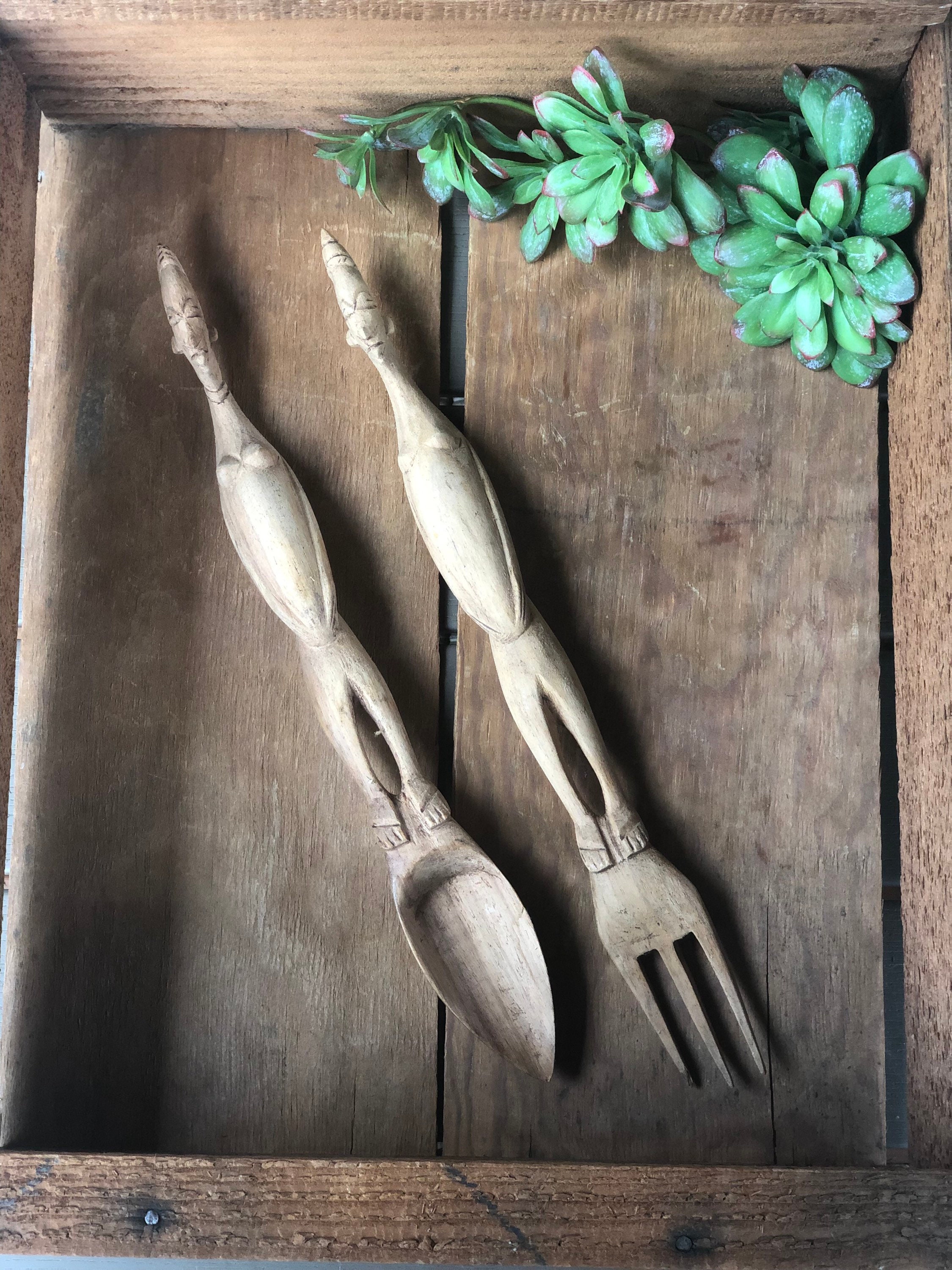 Unique hand carved vintage salad servers Etsy