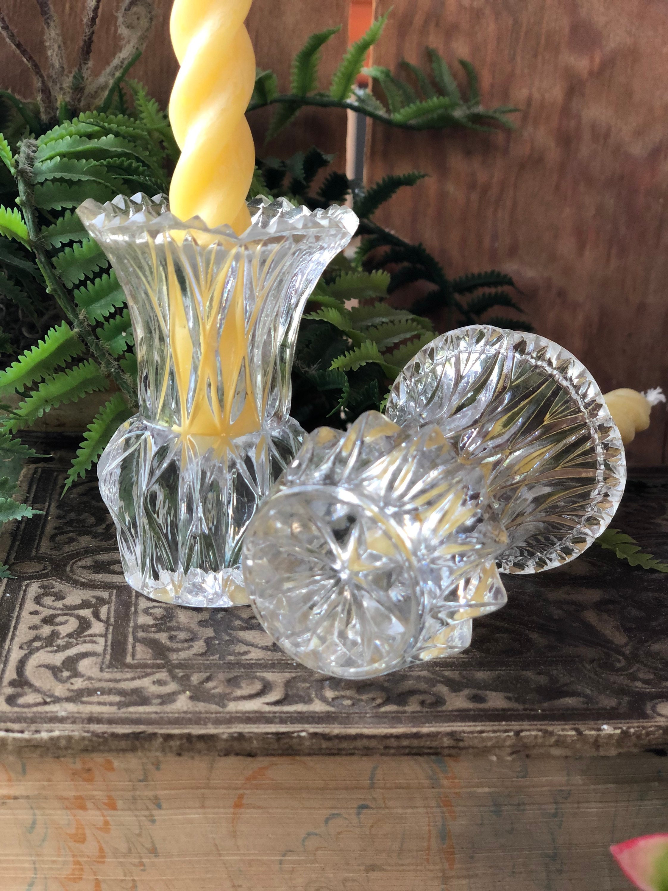 Set of Two Glass Crystal Taper Candlestick Holders Etsy UK