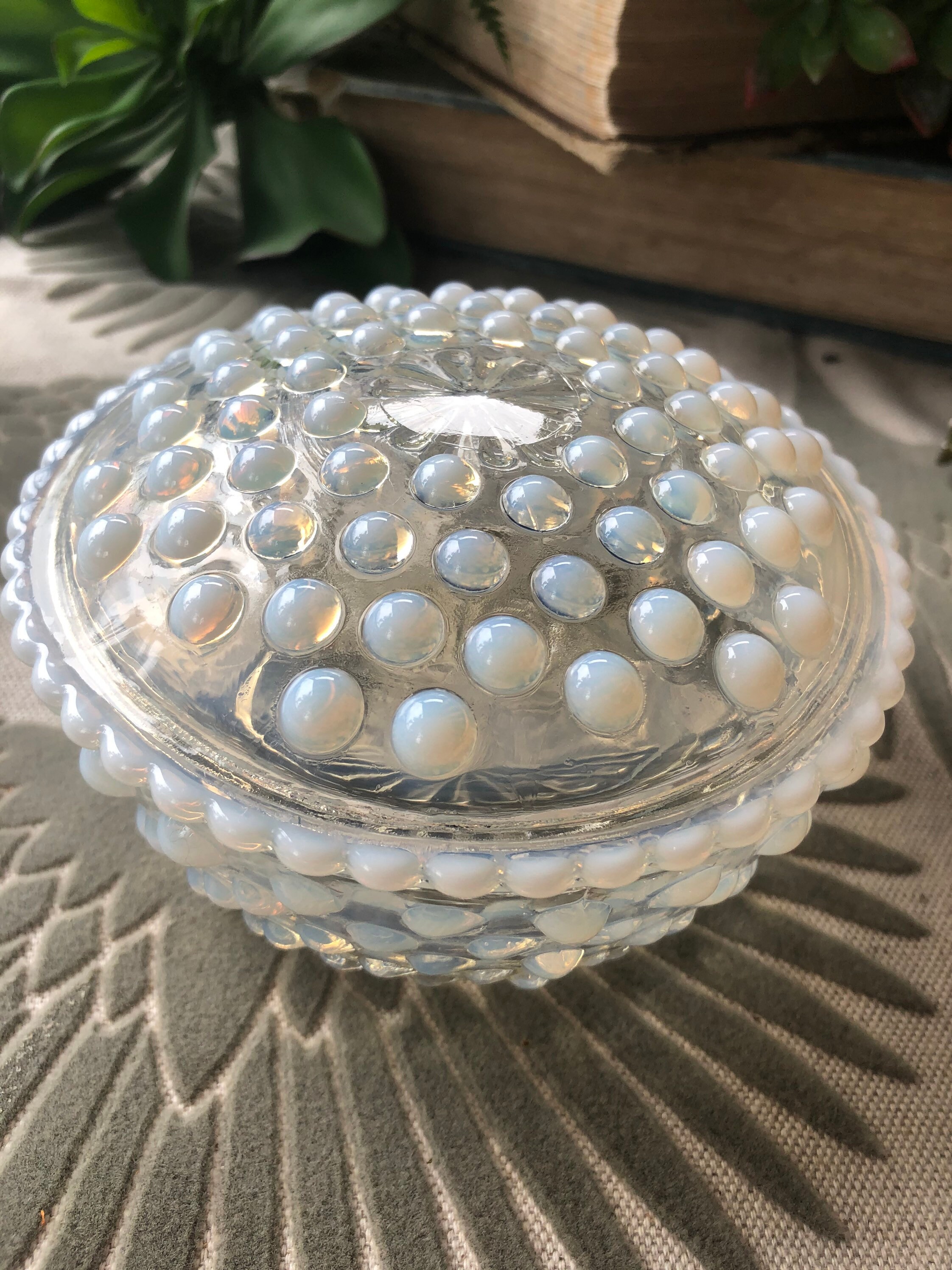 Moonstone hobnail lidded glass jar Etsy