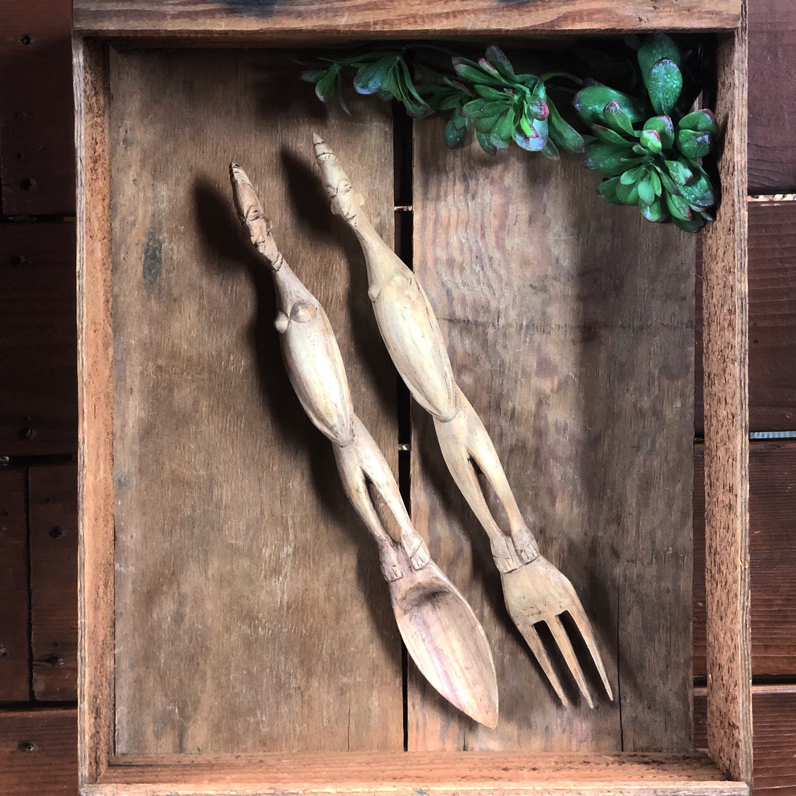 Unique Hand Carved Vintage Salad Servers Etsy