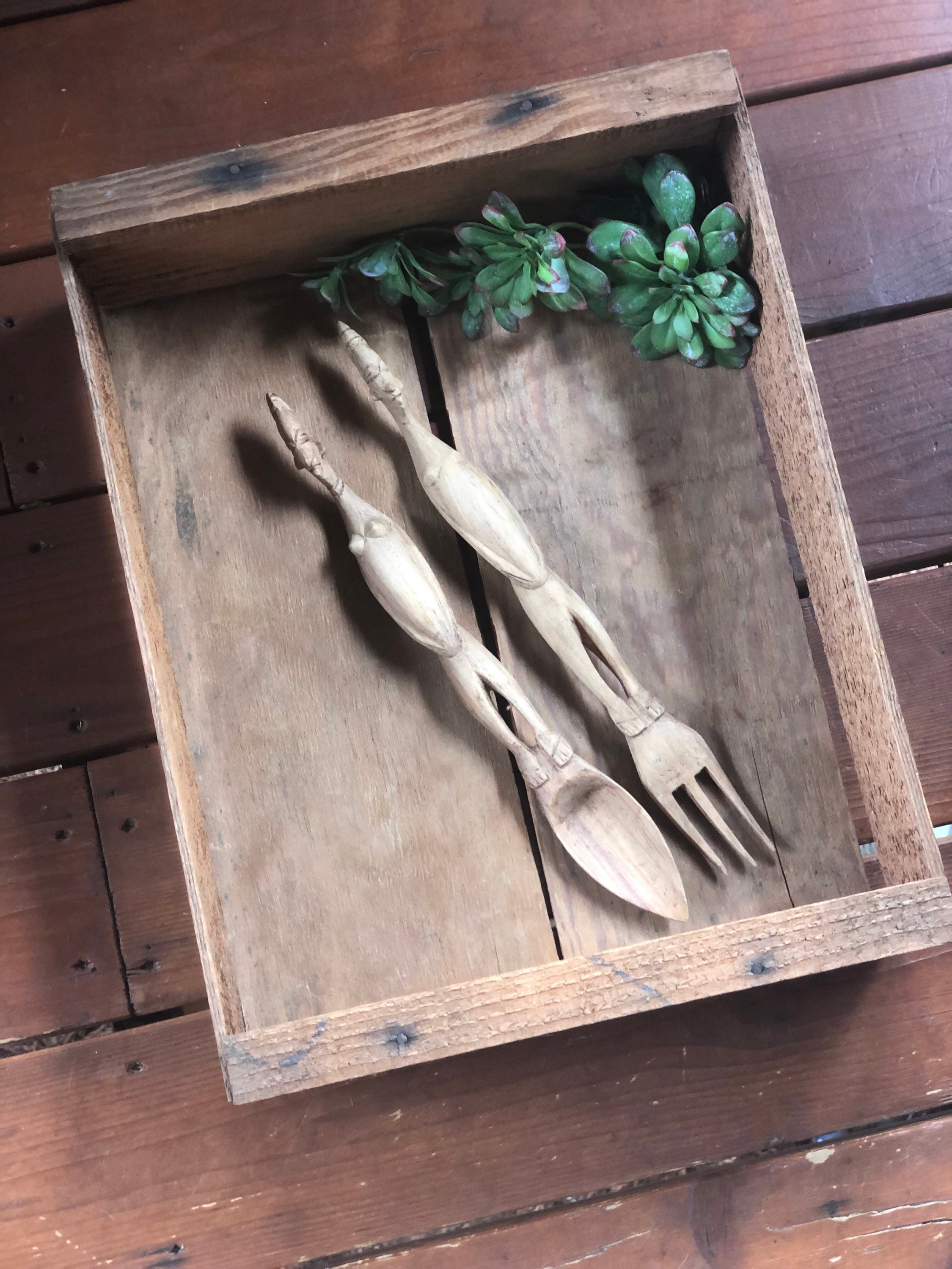 Unique hand carved vintage salad servers Etsy