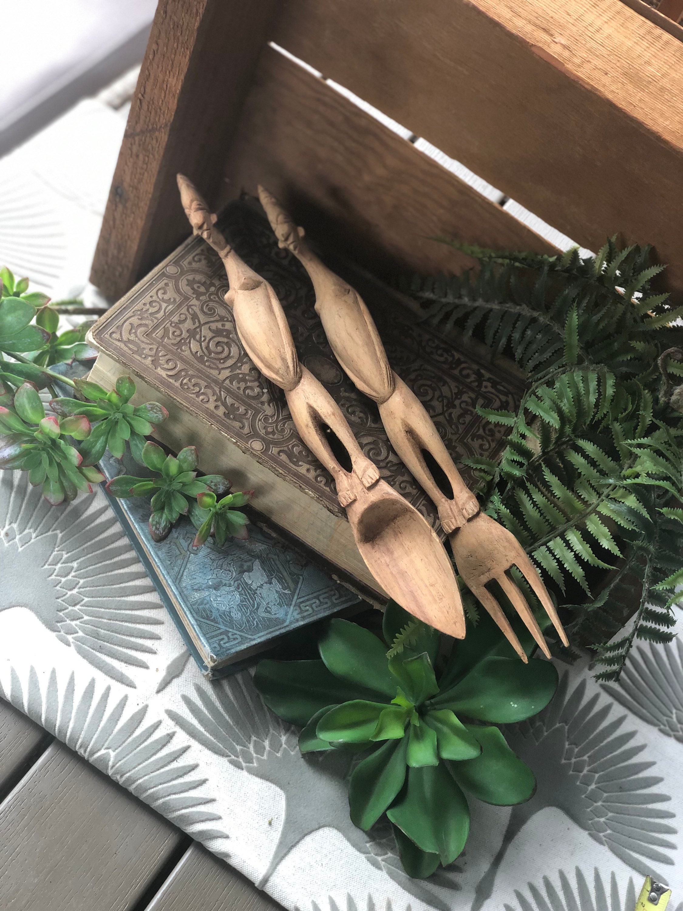 Unique hand carved vintage salad servers Etsy