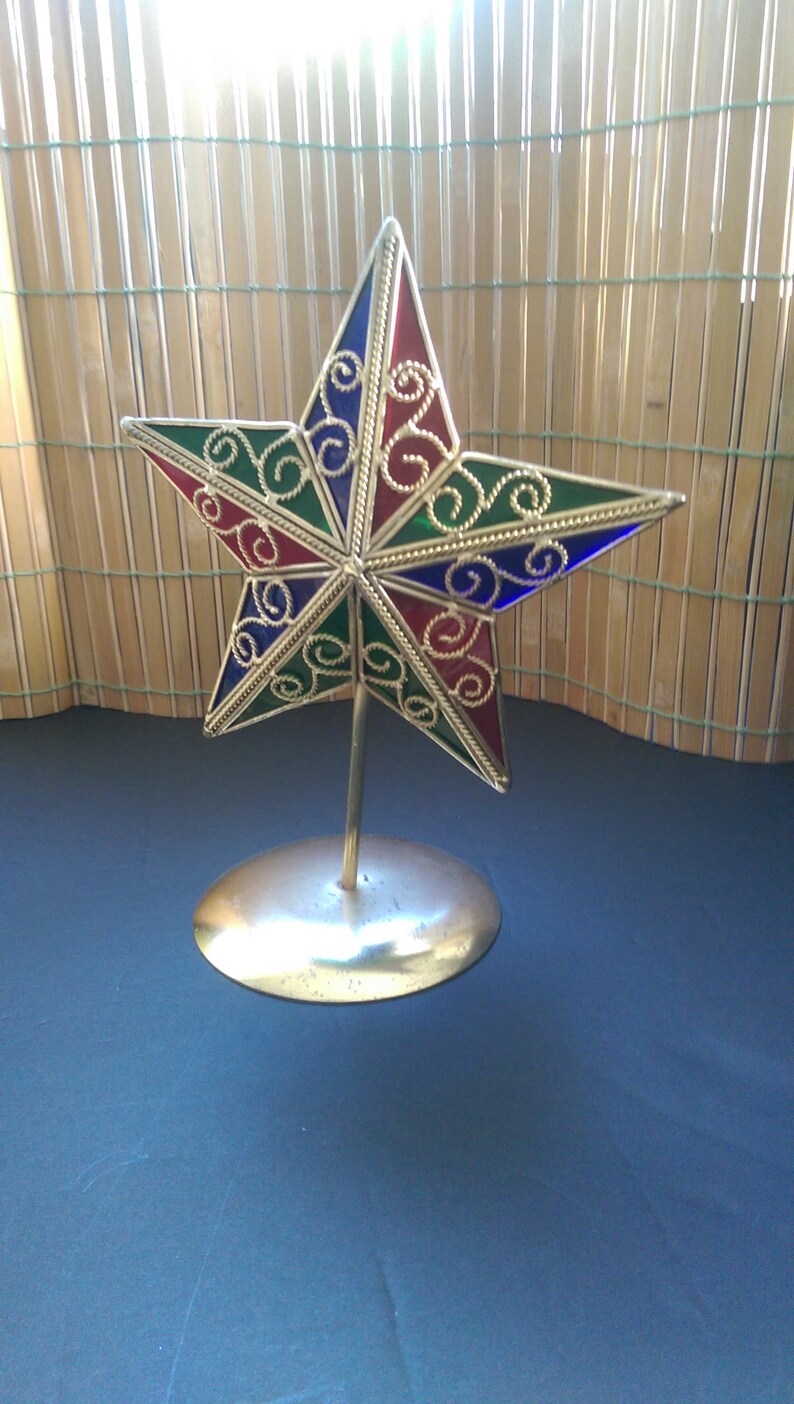 Christmas Star Tea Light Holder, Stained Glass Scrolled Stand, Holiday