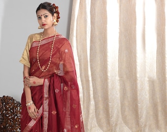 Handloom Pure Chanderi Silk Saree|Authentic Chanderi Cotton Silk Sari|Handmade Saree|Festive Saree|Maroon Silver-Gold Saree|Wedding Sari!