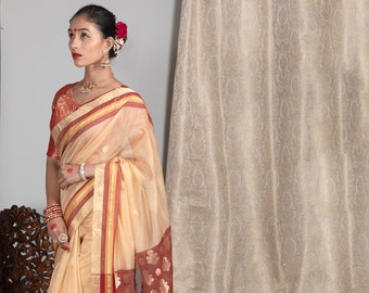 Handloom Pure Chanderi Silk Saree|Authentic Chanderi Cotton Silk Sari|Handmade Saree|Festive Saree|Peach and Maroon Saree|Wedding Sari!
