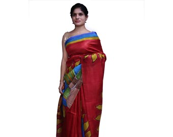 Tussar Silk Saree With Blouse | Tusar Silk Saree | Pure Handloom Saree | Silk Sari | Brush Trail Saree | Batik Mulberry Sari | Mulberry Sari